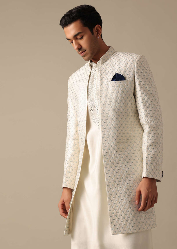 White Mirror Embellished Sherwani Set