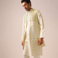 White Mirror Work Jacket And Kurta Set