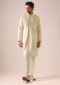 White Mirror Work Jacket And Kurta Set