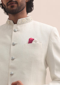 White Moti Embroidered Silk Jodhpuri Suit For Men