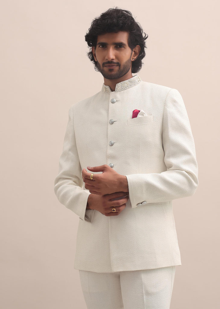 White Moti Embroidered Silk Jodhpuri Suit For Men