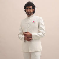 White Moti Embroidered Silk Jodhpuri Suit For Men