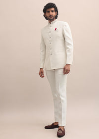 White Moti Embroidered Silk Jodhpuri Suit For Men