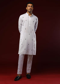 White Nehru Jacket Set In Linen With Multi Colored Resham Embroidered Floral Motifs