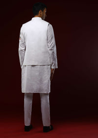 White Nehru Jacket Set In Linen With Multi Colored Resham Embroidered Floral Motifs
