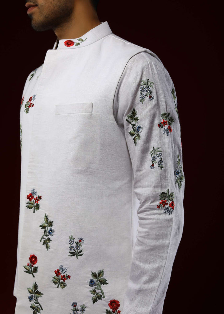 White Nehru Jacket Set In Linen With Multi Colored Resham Embroidered Floral Motifs