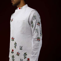 White Nehru Jacket Set In Linen With Multi Colored Resham Embroidered Floral Motifs