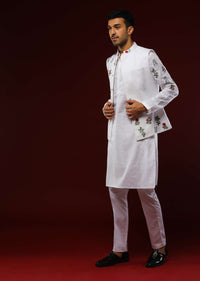 White Nehru Jacket Set In Linen With Multi Colored Resham Embroidered Floral Motifs