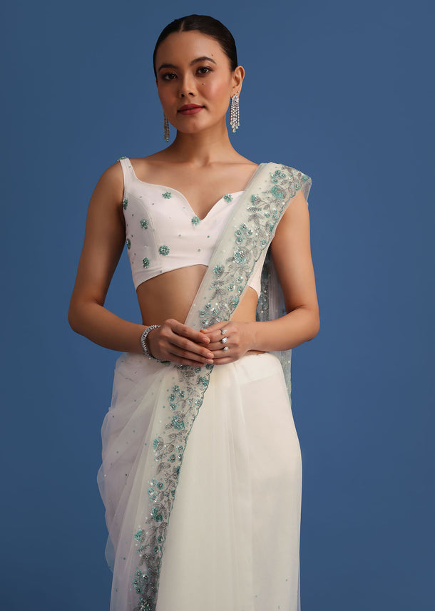 White Net Cutdana And Sequin Embroidered Saree