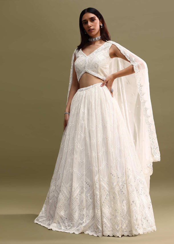 White Net Lehenga Choli Set With Handwork