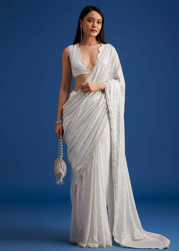 White Net Sequins Saree with Scalloped Embroidered Border