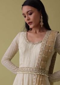 White Ombre Georgette Anarkali Suit Set With Lucknowi Embroidery