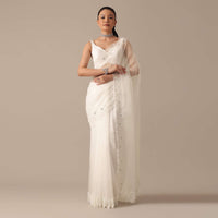 White Organza Saree With Cutdana Work And Unstitched Blouse Piece