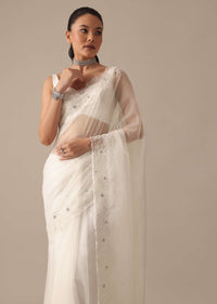 White Organza Saree With Cutdana Work And Unstitched Blouse Piece