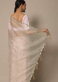 White Organza Saree With Foil Print And Unstitched Blouse Piece