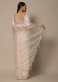 White Organza Saree With Foil Print And Unstitched Blouse Piece