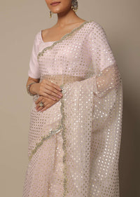 White Organza Saree With Foil Print And Unstitched Blouse Piece