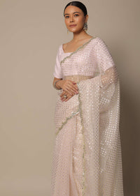 White Organza Saree With Foil Print And Unstitched Blouse Piece