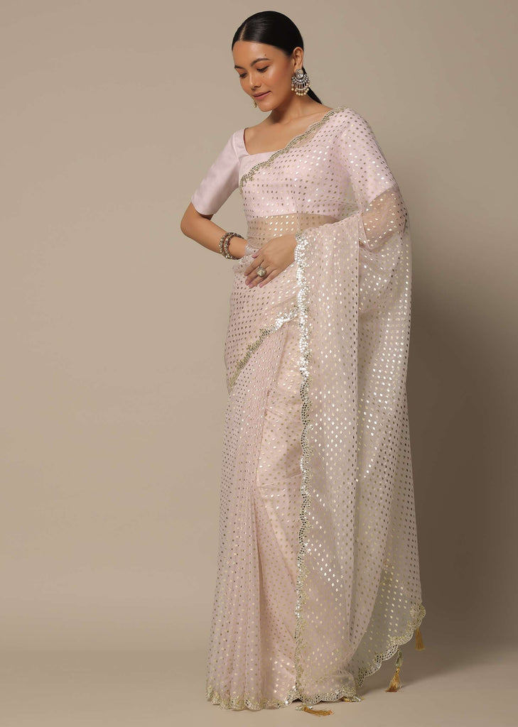 White Organza Saree With Foil Print And Unstitched Blouse Piece