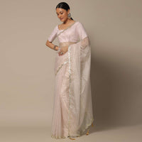 White Organza Saree With Foil Print And Unstitched Blouse Piece