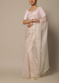 White Organza Saree With Foil Print And Unstitched Blouse Piece