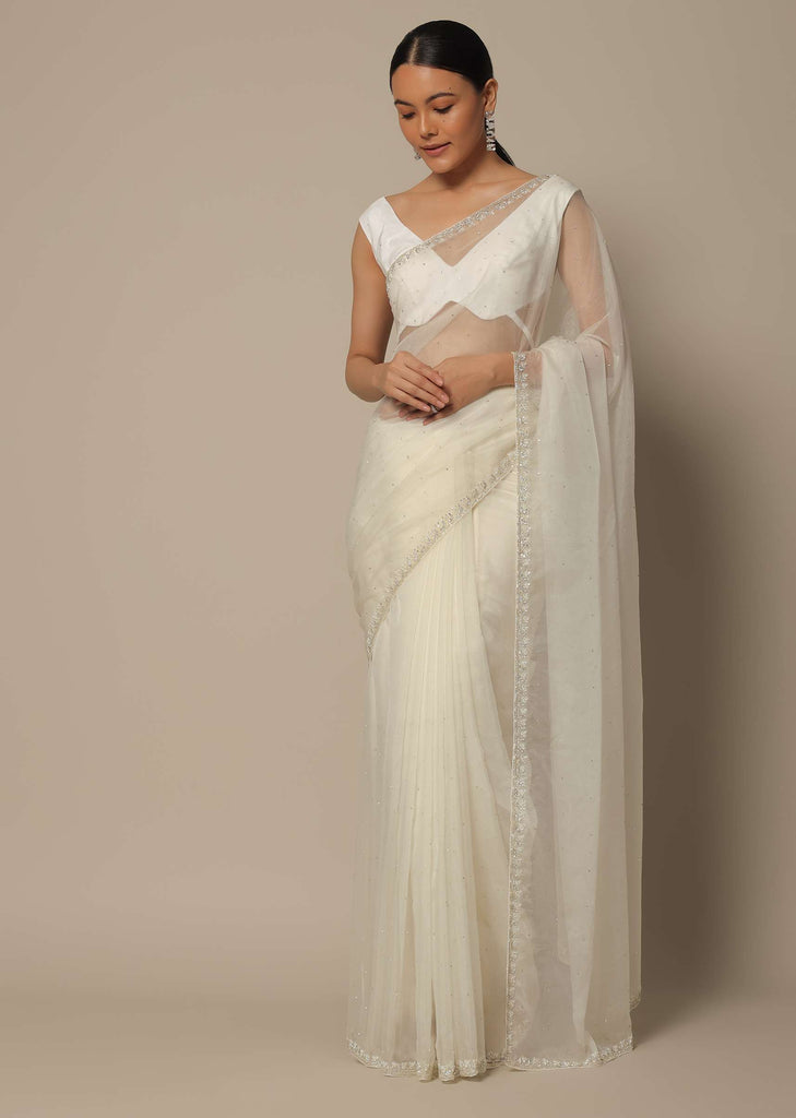 White Organza Saree With Scallop Cutdana Border And Unstitched Blouse Piece