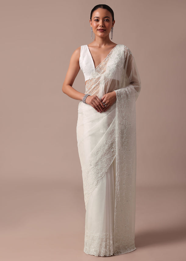 White Embroidered Organza Saree With Unstitched Blouse