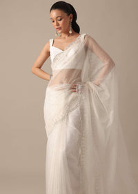 White Organza Saree With Unstitched Blouse Piece