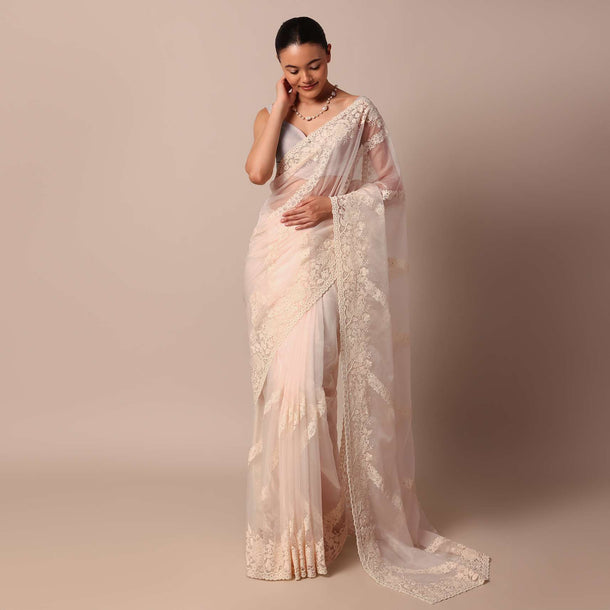 White Organza Silk Chikankari Saree With Cutdana Bead Work And Unstitched Blouse Fabric