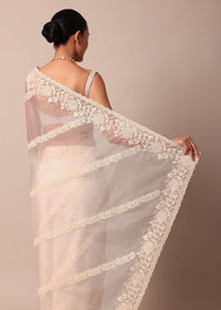 White Organza Silk Chikankari Saree With Cutdana Bead Work And Unstitched Blouse Fabric