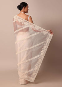 White Organza Silk Chikankari Saree With Cutdana Bead Work And Unstitched Blouse Fabric