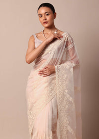 White Organza Silk Chikankari Saree With Cutdana Bead Work And Unstitched Blouse Fabric