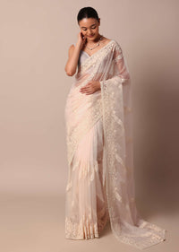 White Organza Silk Chikankari Saree With Cutdana Bead Work And Unstitched Blouse Fabric