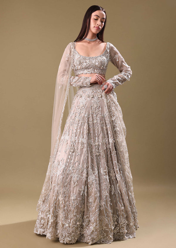 White Oyester Hand Embroidered Lehenga And Blouse Set