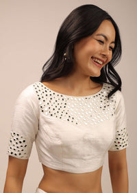 White Padded Blouse With Mirror Work And Half Sleeves