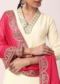 White Pant Set With Bandhani Dupatta