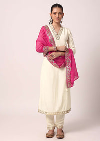 White Pant Set With Bandhani Dupatta
