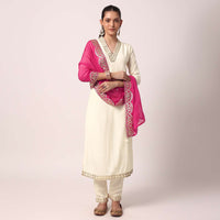 White Pant Set With Bandhani Dupatta