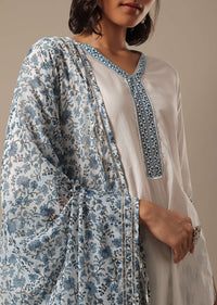 White Pant Set With Printed Kurta