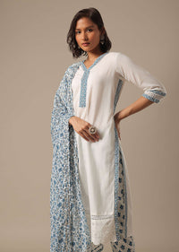 White Pant Set With Printed Kurta