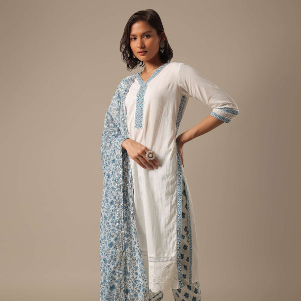 White Pant Set With Printed Kurta