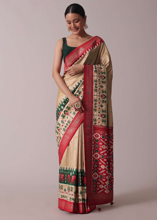 Beige Patola Printed Embroidered Festive Saree In Dola Silk