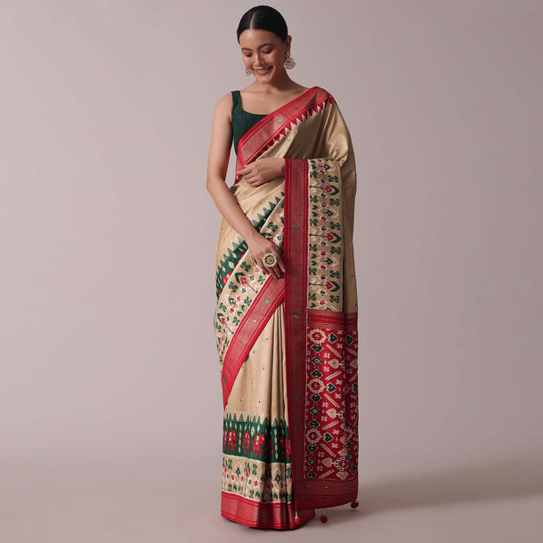 Beige Patola Printed Embroidered Festive Saree In Dola Silk