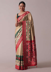 Beige Patola Printed Embroidered Festive Saree In Dola Silk