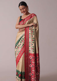 Beige Patola Printed Embroidered Festive Saree In Dola Silk