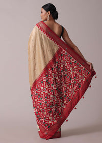 Beige Patola Printed Embroidered Festive Saree In Dola Silk