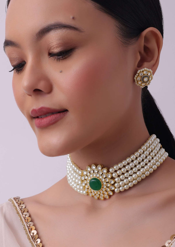 White Pearl Choker And Stud Set With Zircon Motif