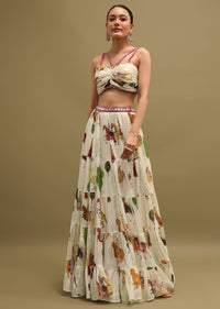 White Printed Chinon Crop Top And Skirt Set