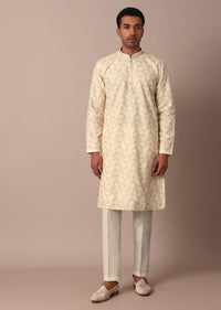 White Printed Kurta Set With Thread Work