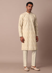 White Printed Kurta Set With Thread Work